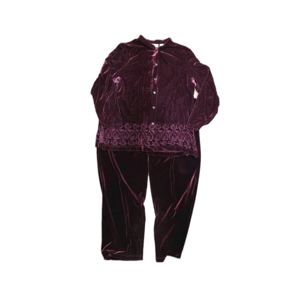 Jaclyn Smith Classic Burgundy Lounge Set XL Button-Up Top Shirt Velvet Floral